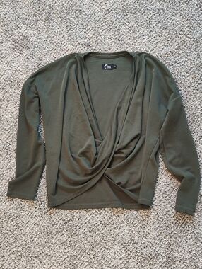 Zyia Olive Draped V-Neck Long-Sleeve Sweater